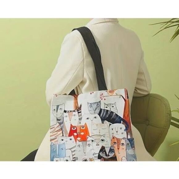 Cat Bag Tote Canvas Natural Red, Black Shoulder Strap OS 12x14" NEW - Picture 2 of 5